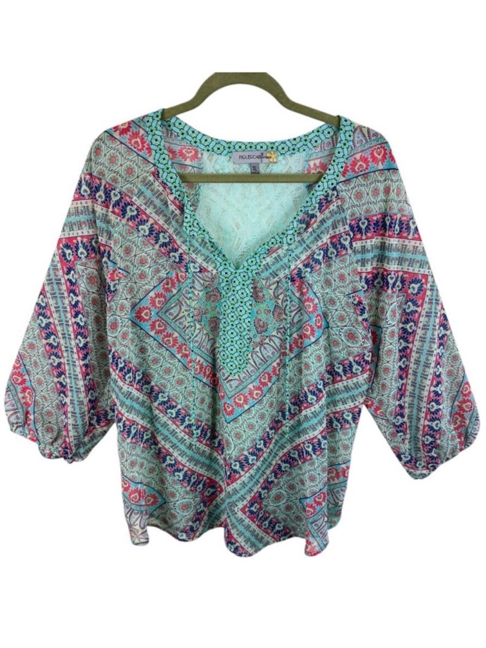 Figueroa & Flower Colorful 3/4 Balloon Sleeve Lace Back Lightweight Blouse Sz XL